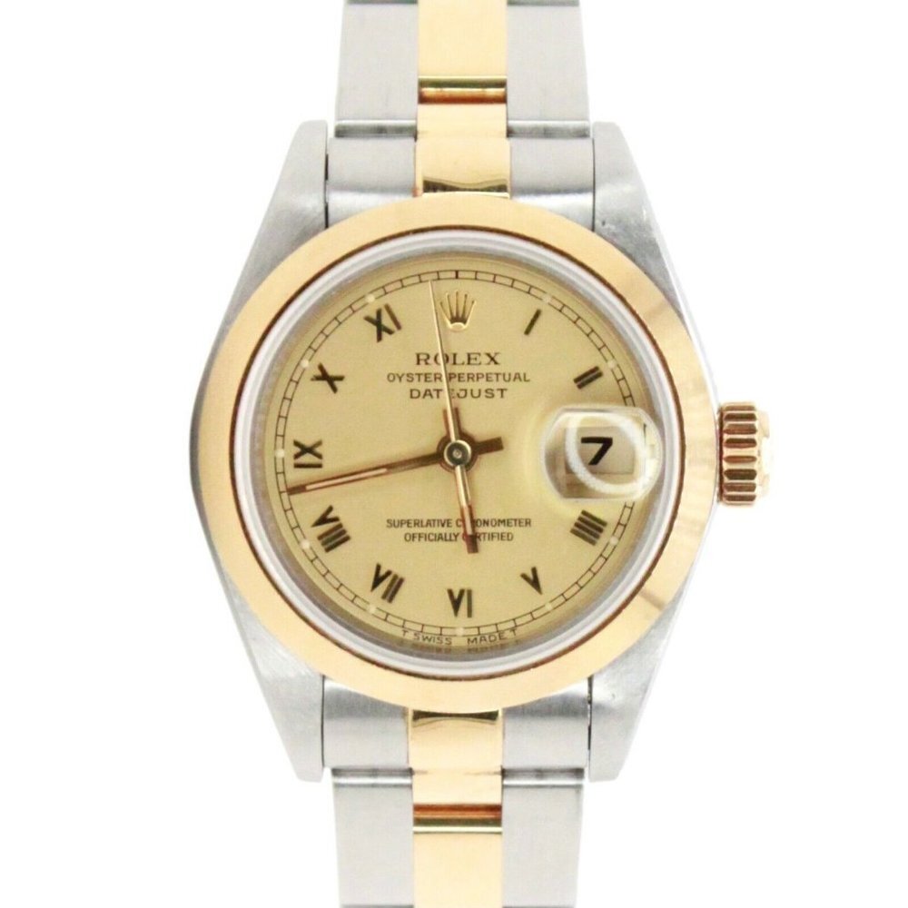ROLEX DATEJUST 26MM CHAMPAGNE ROMAN DIAL 18KY & STEEL SMOOTH JUBILEE WATCH 69163